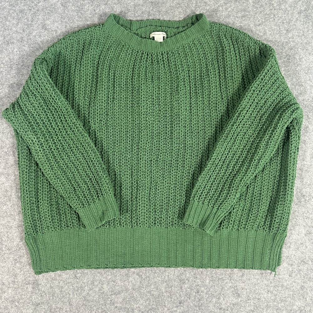 American Eagle Chenille Crewneck Sweater XS Green Chunky Knit Relaxed Fit